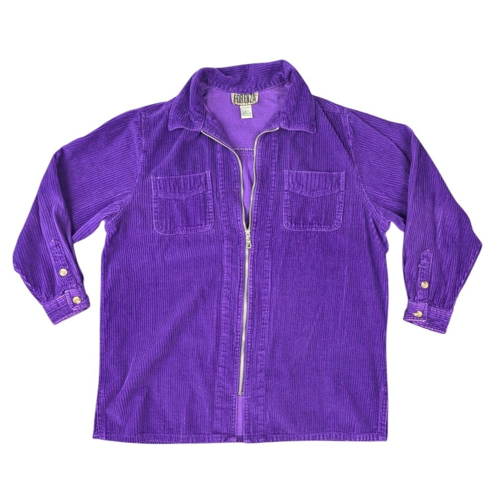 Forenza Vintage Corduroy Zip Up Shirt Jacket Purple Large 100% Cotton Boho Y2K